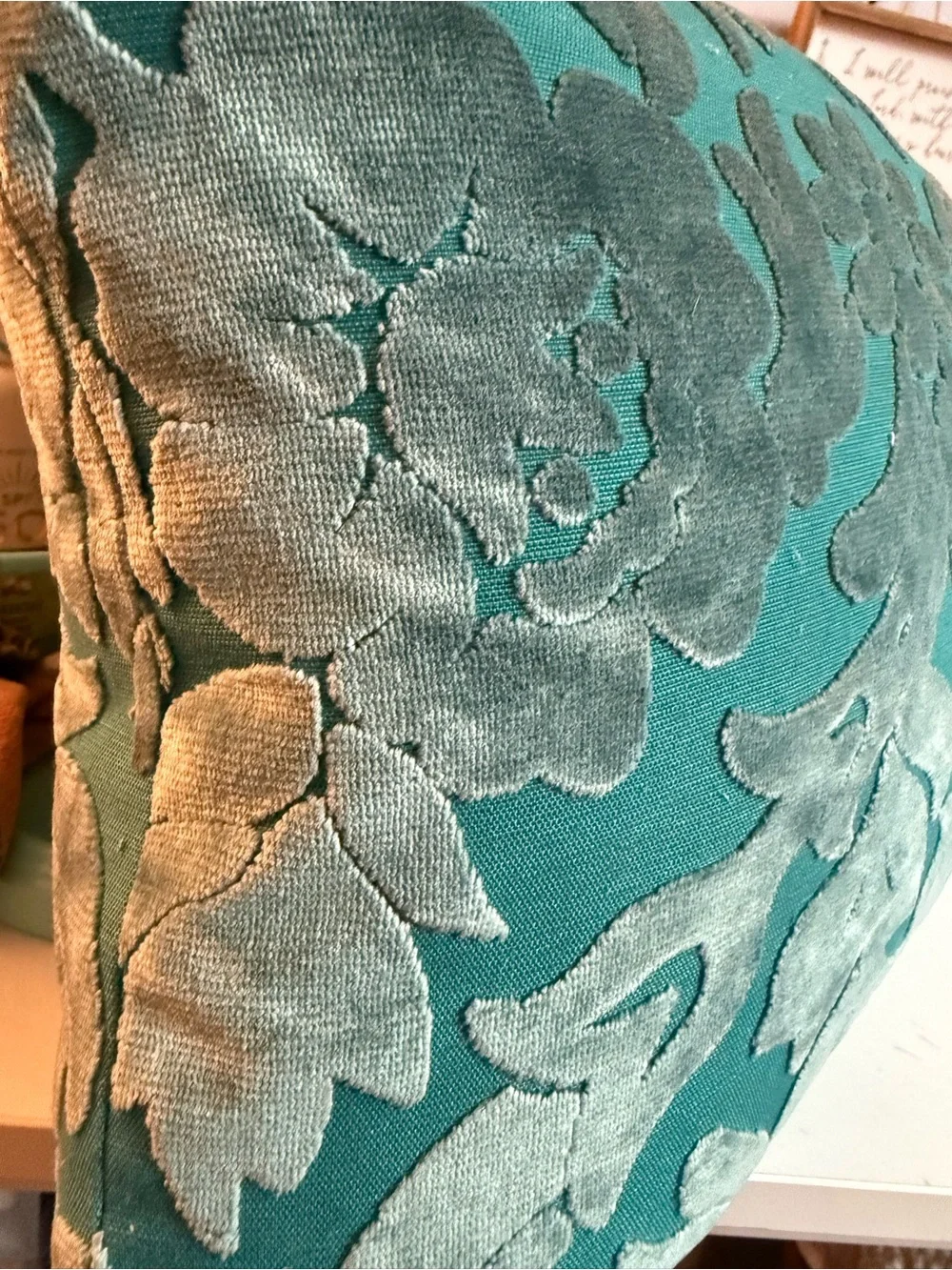 Vintage Pier 1 Imports Teal Velvet Damask Lumbar Pillow